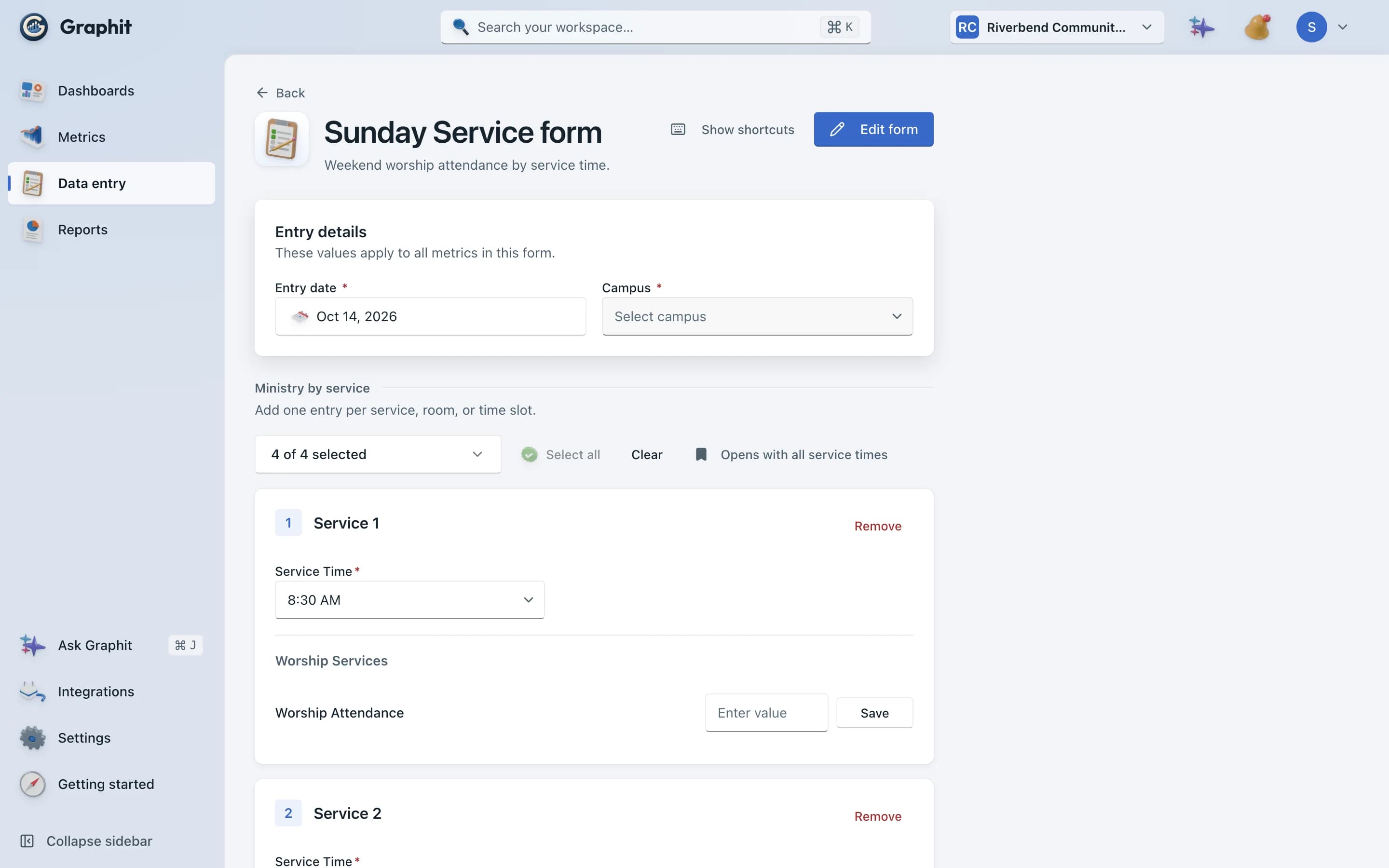 A Graphit data entry form for Sunday service attendance