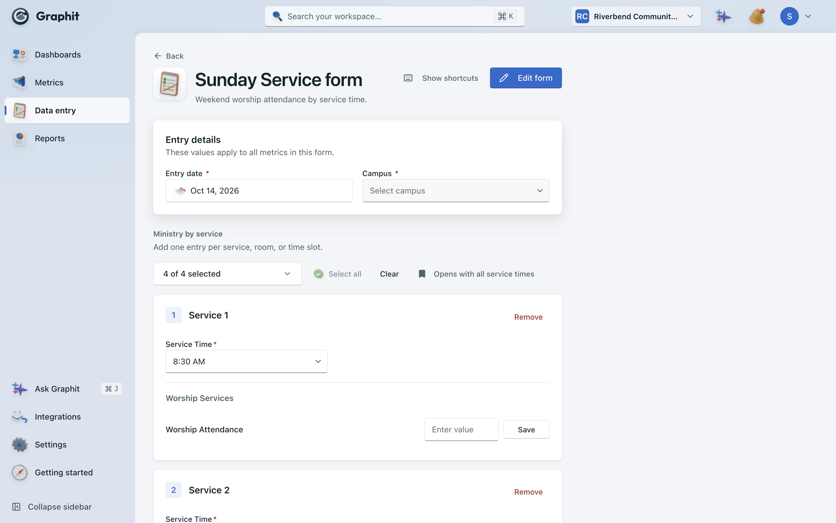 A Graphit data entry form for Sunday service attendance